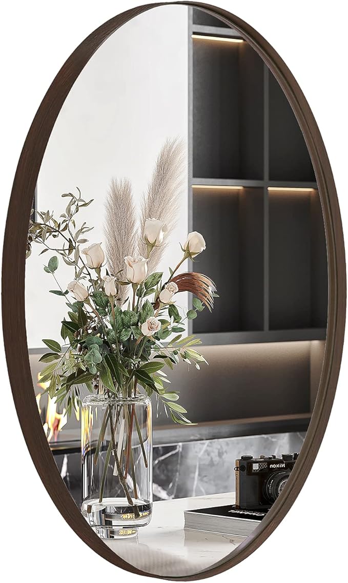 ANDY STAR Brushed Bronze Oval Mirrors for Bathroom, 24x36 Inch Bronze Stainless Steel Metal Framed Oval Wall Mirror, Modern Vanity Mirror Wall Mount Horizontal or Vertical