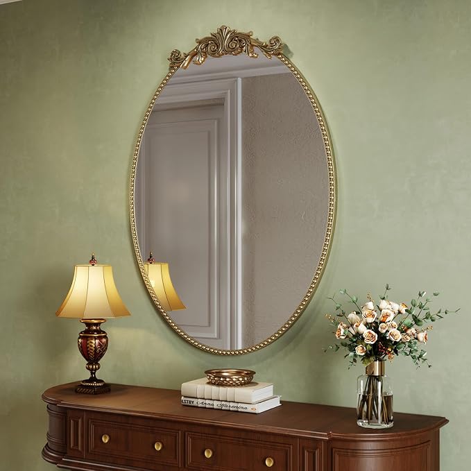 CozyDH Retro Gold Oval Wall Mirror Decor - 25x36 inch Ornate Baroque Style Beaded Metal Frame - Vintage Home Decor for Entryway, Foyer, Fireplace, Living Room, Hallway