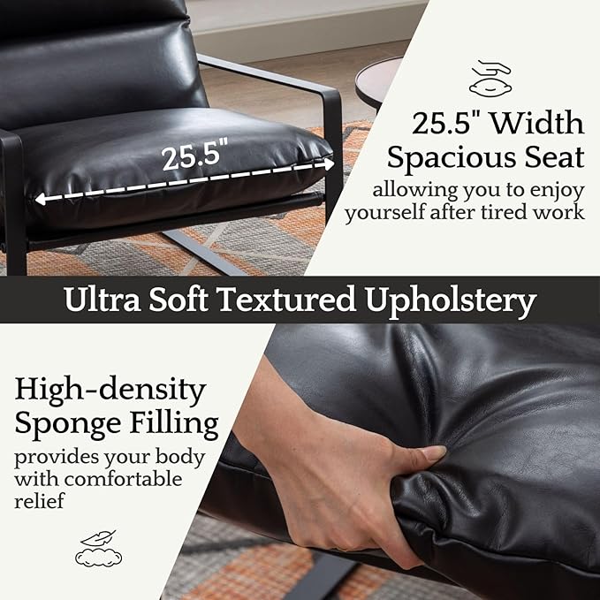 LukeAlon Modern PU Leather Accent Armchairs Set of 2, Upholstered Living Room Chairs with Metal Base Removable Thickened Cushion Sofa Chairs Comfy Lounge Chair for Bedroom Living Room Office, Black