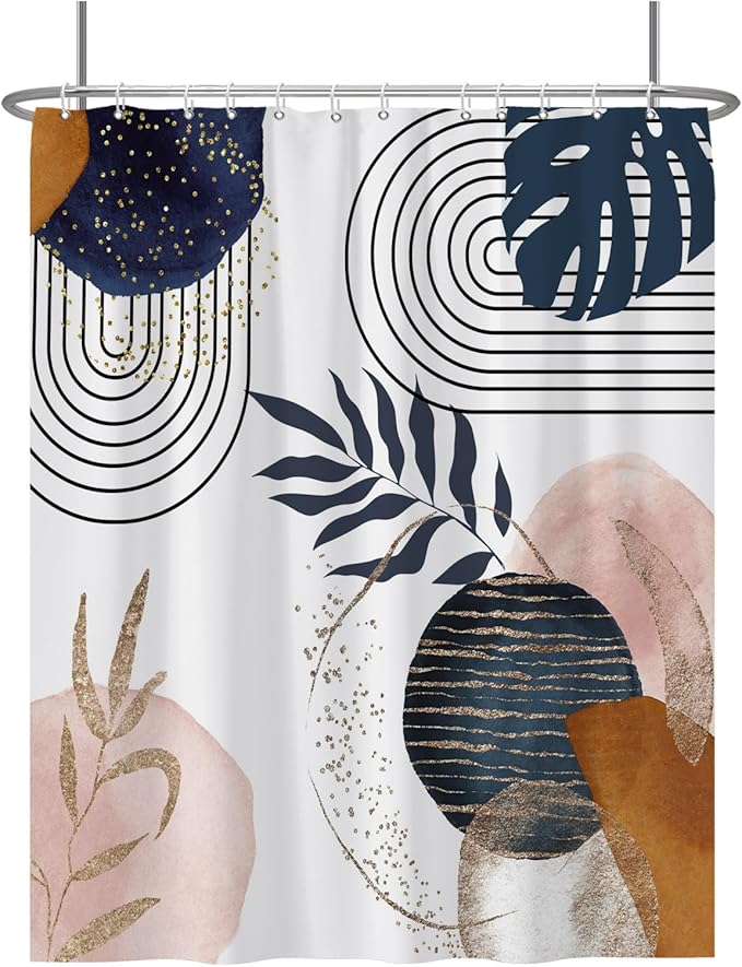 Baocicco Boho Shower Curtain Mid Century Navy Blue Gold Plant Leaves Modern Abstract Minimalist Shower Curtains Decorative for Bathroom Waterproof Fabric Shower Curtain with Hooks 72x84 Inches