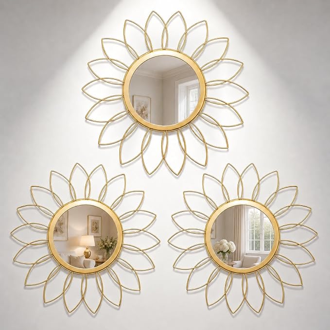 Gold Flower Mirror Set of 3, 3PCS Metal Round Decorative Wall Mirrors, Floral Petal Accent Mirror Wall Decor for Living Room, Bedroom, Entryway & Bathroom