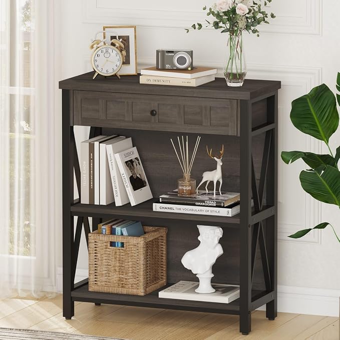 FATORRI 8 Cube Storage Organizer Bookshelf and Small Bookshelf with Drawer (Walnut Brown)