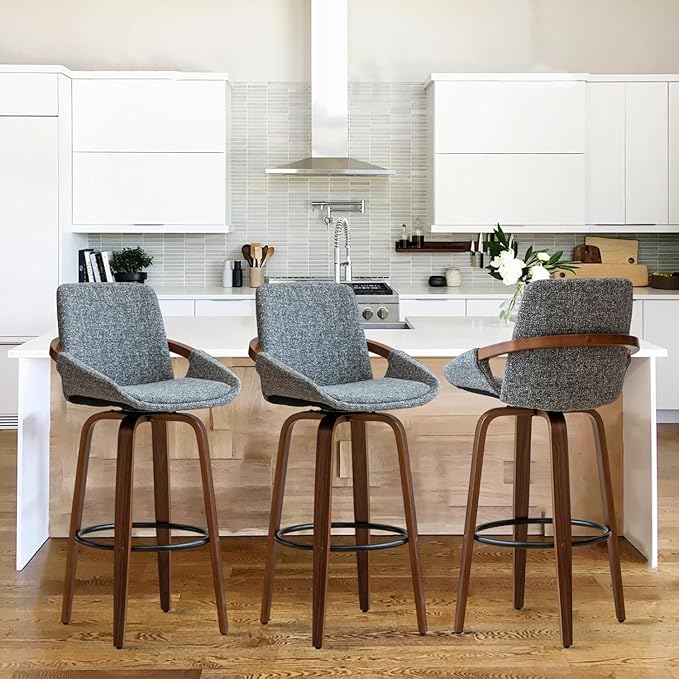 LUNLING 25.6" Counter Height Barstools Mid Century Modern Retro Bar Chairs Charcoal Grey Linen Look Fabric Upholstered and Walnut Wood Frame for Home Bar Furniture(Grey,1PCS)