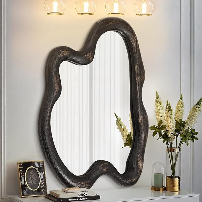 AAZZKANG Vintage Wall Mirror with Wood Framed Large Irregular Wall Mirror 32"x24" Decorative Hanging Mirrors for Bathroom Bedroom Living Room Entryway