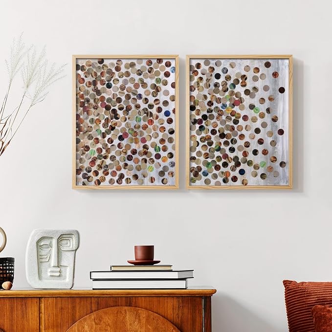 Renditions Gallery Set of 2 Peel & Stick Framed Prints, Textured Abstract Wall Art, Scattered Circular Cutouts Wall Decor, Re-Stickable - Ready to Hang - 16"x20" - NATURAL WOOD Frame LT588