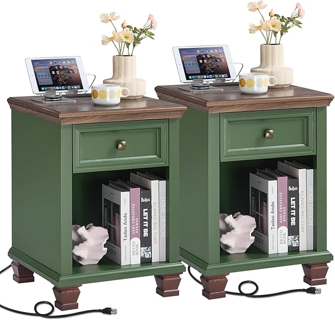 Farmhouse End Tables Living Room Set of 2, Rustic Wood Nightstand with 1 Drawer, Bedside Table with Open Shelf for Bed Room, Side Table for Living Room, Green