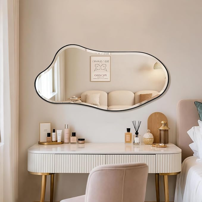 POZINO Irregular Beveled Mirror, 40"x20" Asymmetrical Vanity Wall Mirror with Black Metal Frame, Organic Shape Mirrors for Entryway Bathroom Bedroom Hallway Living Room, Horizontal/Vertical Hanging