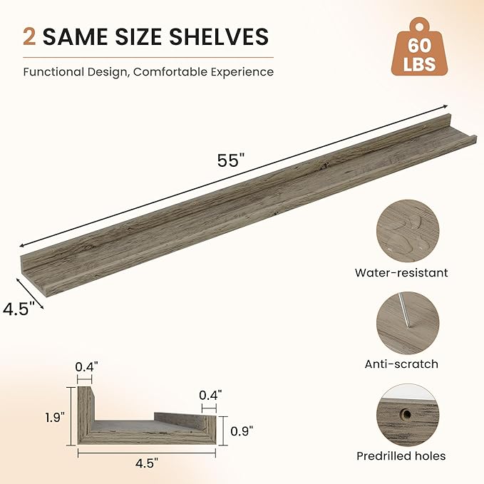 Dreamland Picture Ledge Shelf for Wall, Floating Shelves Set of 2,55 inch Long Floating Shelves with Lip for Living Room,Bedroom,Bathroom,Kitchen,Grey