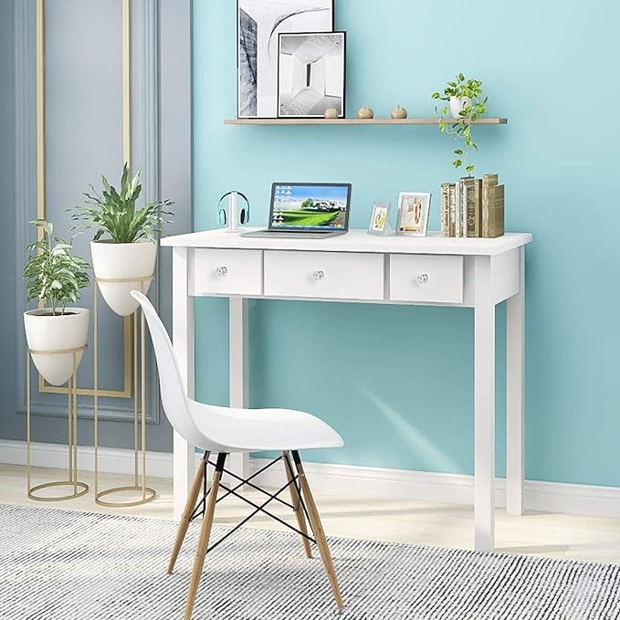 STHOUYN Home Office Small Writing Desk with Drawers Bedroom, Study Table for Adults/Student, Vanity Makeup Dressing Table Save Space Gifts White (White)