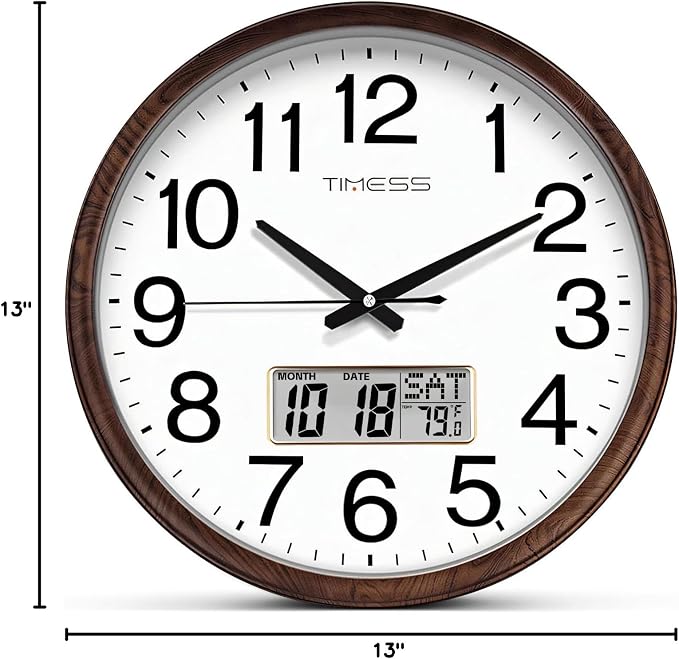 TIMESS Wall Clock, Classic Wood Style Finish, 13 Inch Non-Ticking Silent Battery Operated Quartz Analog with Perpetual Calendar and F° Temperature Display, Home, Office Décor (Chestnut Brown)