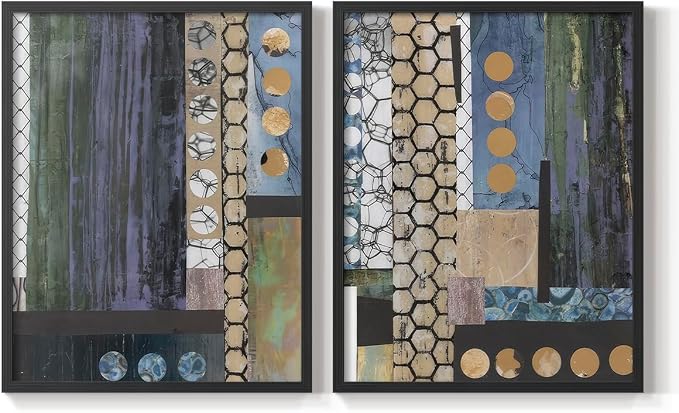Renditions Gallery Set of 2 Peel & Stick Framed Prints, Geometric Abstract Wall Art, Hexagonal and Circular Pattern Wall Decor, Re-Stickable - Ready to Hang - 11"x14" - Black Frame LT588