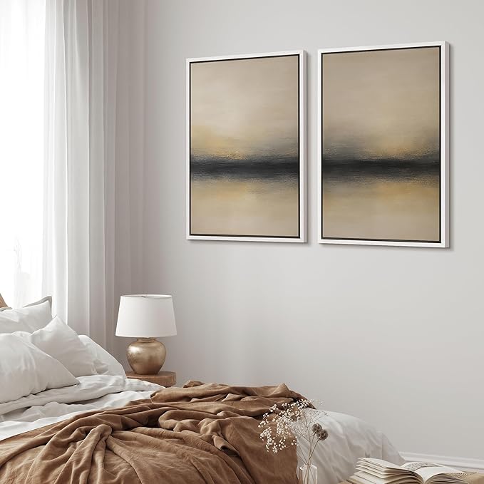 MUDECOR Framed Canvas Print Wall Art Abstract Sunset Horizon Modern Minimalist Beige and Black Illustrations Modern Art Decorative Bohemian Colorful for Living Room, Bedroom, Office - 16"x24"x2 White