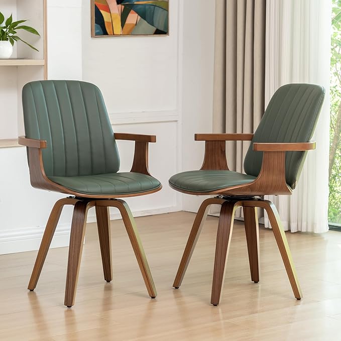Set of 1 MCM Dining Chair, Mid Century Modern Chair with Walnut Craftsmanship, Upholstered Faux Leather, Wooden Arms and Legs, Faux Leather Dining Chair for Kitchen/Living Room - Green