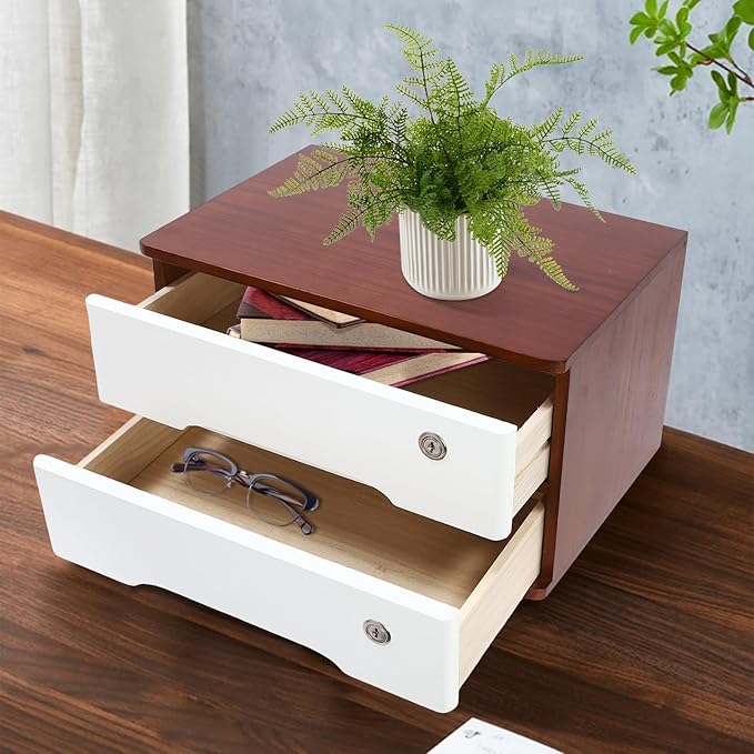 Desktop File Organizer with Lock, 2/3/4 Tier Multi-Drawer Wooden Storage Cabinet, Office Supply Organizer for Home Desk, Study & Workplace (Wine Red + White, 2 Layers)