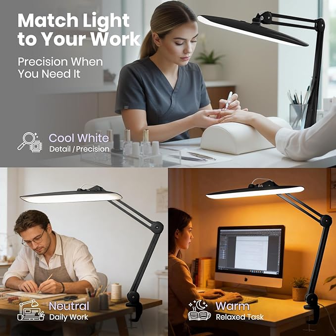 Neatfi XL Nail Desk Lamp with Clamp, 2200 Lumens, 20-Inch Wide Head, Dimmable 4 Levels, 3 Color Modes 3000K–6000K, LED Task Light for Manicure Table, Crafts, Workbench, Office (CCT, Black)