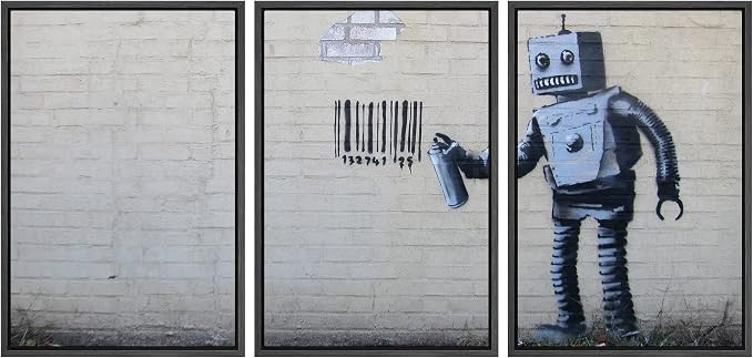 wall26 - Robot Graffiti Banksy Street - Framed Canvas Art Wall Art - 16"x24"x3 Black