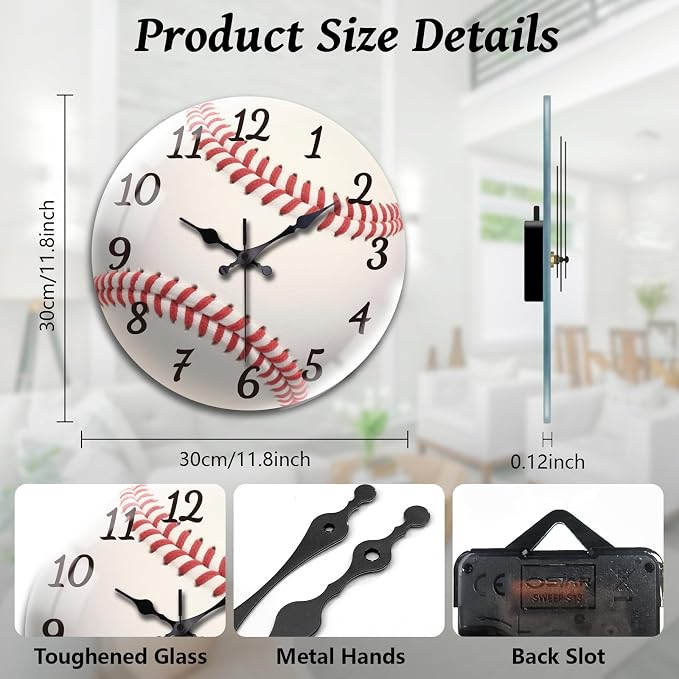 peacoblue Wall Clocks Battery Operated 12 Inch Baseball Glass Round Wall Clock Non Ticking for Kitchen Living Room Dining Room Bedroom and Bathroom Decor Accessories (Battery not Included)
