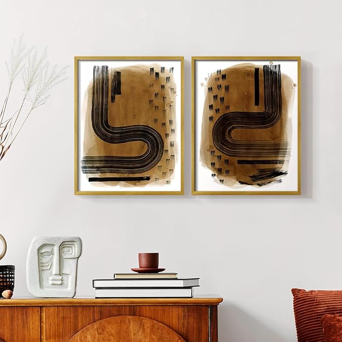 Renditions Gallery Set of 2 Peel & Stick Framed Prints, Abstract Wall Art, Hand Drawn Ink Curves Wall Decor, Re-Stickable - Ready to Hang - 8"x10" - GOLD Frame LT588
