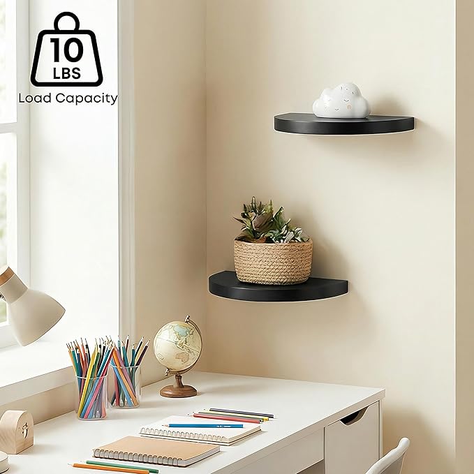 Small Wood Floating Shelves (2-Pack, 8-inch Diameter) - Round Sturdy Invisible Wall Mount Display for Small Plants,Toys,Bathroom,Living Room Storage & Modern Rustic Décor (Black)