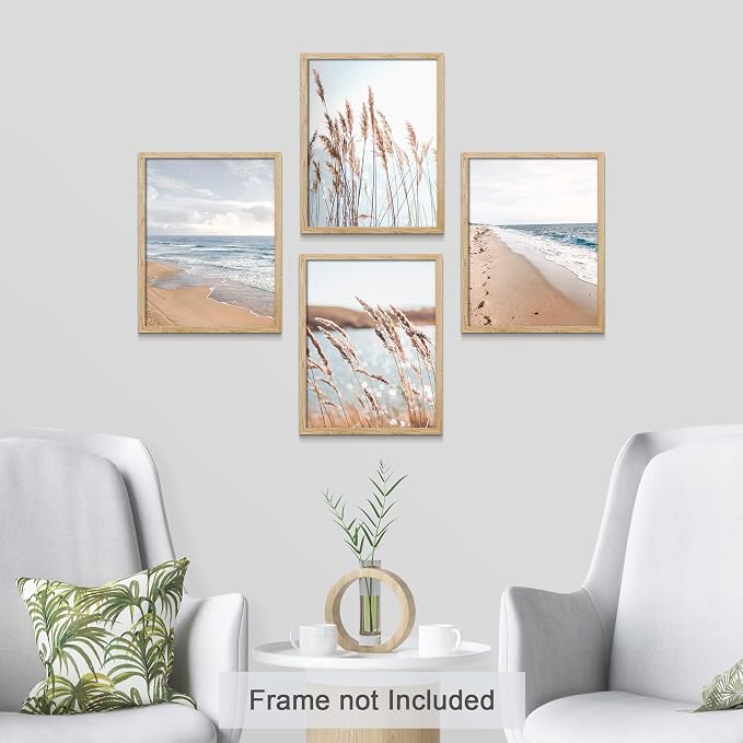 SIGNWIN Poster Bathroom Decor, Wall Art Room Decor Multicolor for Living Room, Bedroom, Office White Beach Grass Cloudy Ocean Sea Wave Horizon Nature Wilderness Realism Landscape - 12"x16"x4