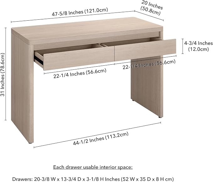 Henn&Hart 48" Modern Rectangular Wooden Home Office Desk Computer Desk Writing Table with 2 Storage Drawers for Home Office, Beech White
