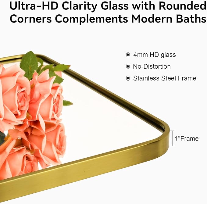 Gold Wall Mirror for Bathroom 28X36 Inch Stainless Steel Metal Frame Bathroom Vanity Mirror Rounded Rectangle Mirror Rustproof for Entryway, Living Room Hangs Vertically or Horizontally