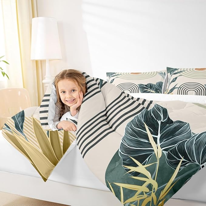 Erosebridal Mid Century Modern Toddler Comforter Set Boho Tropical Leaves Palm Leaf Bedding Set Retro Geometric Line Art Comforter for Kids Boys Girls Abstract Sun Aesthetic Arch Curve Quilt Duvet