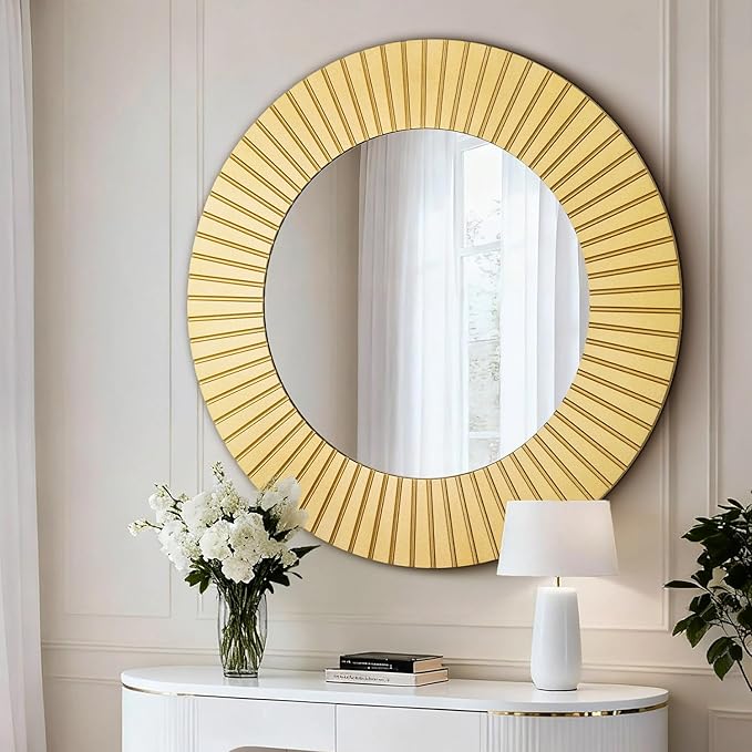 Chende 42'' Round Gold Mirror for Living Room, Large Decorative Mirror for Wall with Wood Frame, Elegant Accent Gold Mirrors for Bathroom, Entryway, Bedroom