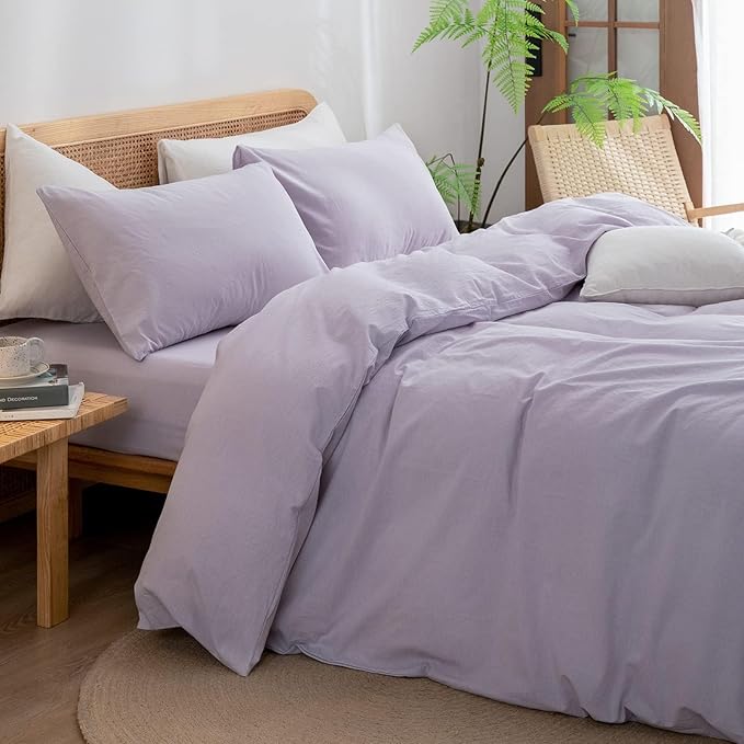 BESTOUCH Duvet Cover Set 100% Washed Cotton Linen Feel Super Soft Comfortable Chic Lightweight 3 PCs Home Bedding Set Solid Taro Purple Alaska King