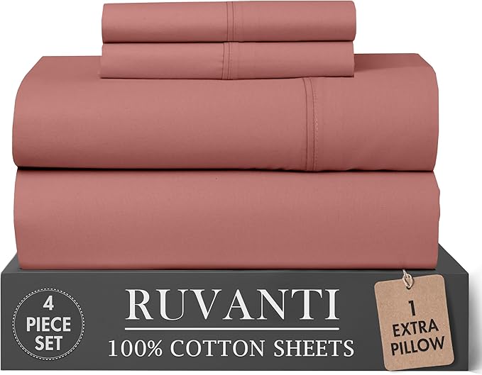 RUVANTI 100% Cotton Percale Sheets Twin Size 4 Piece Set, Cooling Bed Sheets for Hot Sleepers, Deep Pocket 16”, Breathable Lightweight & Durable, Crisp Hotel Style Sheets, Terracotta