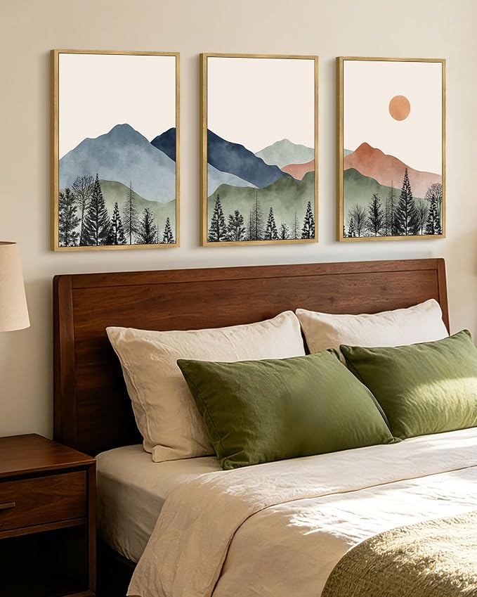 KUVIOKE Mountain Landscape Framed Wall Art Watercolor Nature Painting Boho Sun Rise Prints Farmhouse Rustic Room Decor Ready to Hang 16x24in (Natural Framed)