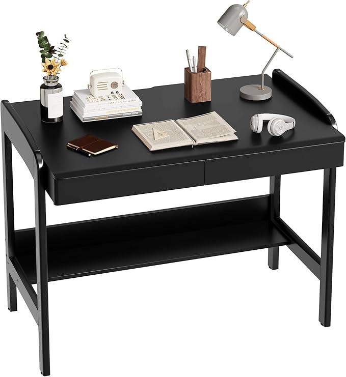 100% Solid Wood Desk with Drawers - 40 Inch Simple Modern Desks, Writing Desk with Drawers & Shelf, Work Study Table, Adjustable Height Home Office Computer Desks - Black
