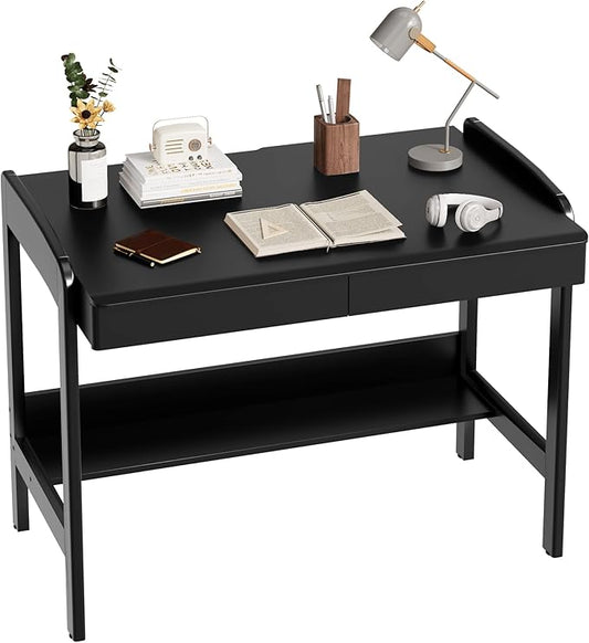 100% Solid Wood Desk with Drawers - 40 Inch Simple Modern Desks, Writing Desk with Drawers & Shelf, Work Study Table, Adjustable Height Home Office Computer Desks - Black