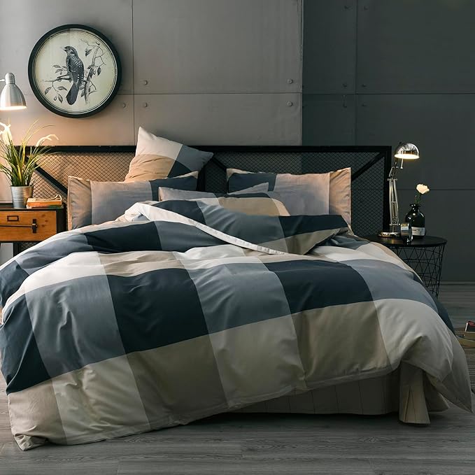 mixinni Queen Size Checkered Duvet Cover Set - 3 Piece Grey Geometric Cotton Bedding Set with Zipper Closure & Corner Ties, 100% Washed Cotton Soft Breathable Duvet Cover for Men, Women, Teens (Queen)