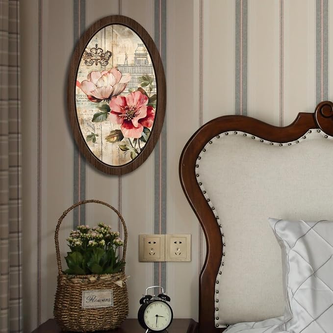 UYIKG Vintage Oval Framed Wall Art Decor,Farmhouse Floral Oval Wooden Wall Decor,Cottagecore Wooden Framed Decorations for Theme Room Home Bedroom Living Room Home Office 9x14.6 in