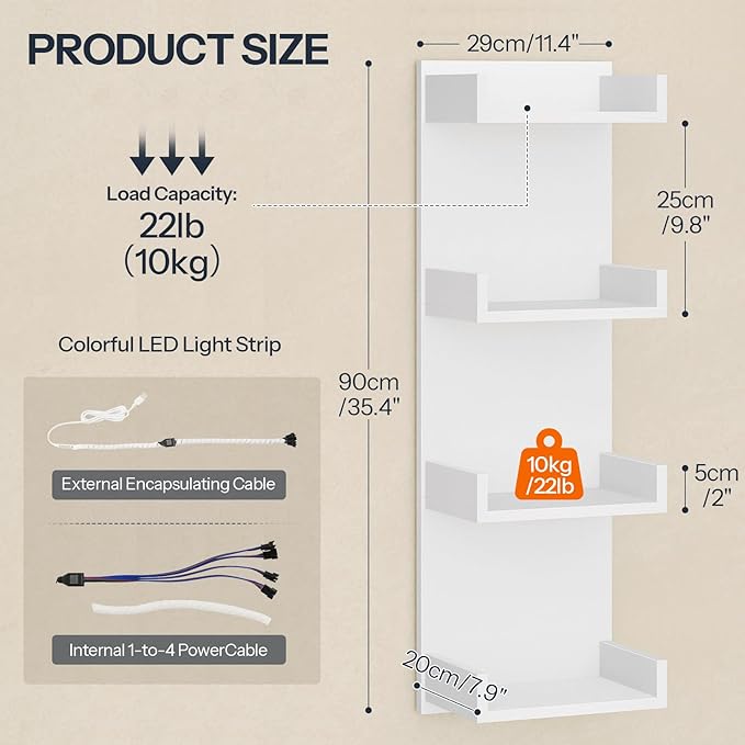 HOOBRO Floating Wall Shelves with LED Lights, Floating Shelf Wall Mounted for Storage, Vertical Display Stand, Modern Column Rack, for Bedroom, Livingroom, 4-Tier, 35.8 Inches, White, WT41DBJ01