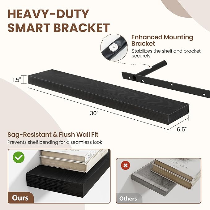 30 Inch Floating Shelves for Wall 2 Pack, 30" Wall Shelves for Books, Storage, Decor, Wall Mounted Floating Shelf with Invisible Brackets for Kitchen, Living Room, Black