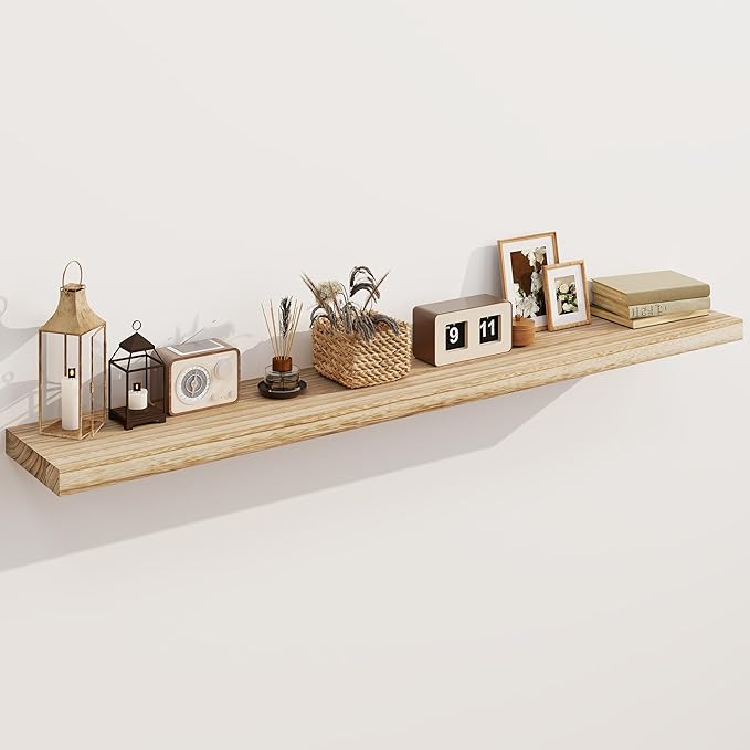 Solid Wood Floating Shelves for Wall 55"W x 8"D x 1.56"H Set of 1, Deep Wall Shelves for Living Room Bedroom Bathroom Kitchen Decor Storage with Invisible Heavy-Duty Metal Bracket, Carbonized Black