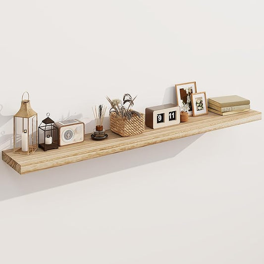 Solid Wood Floating Shelves for Wall 55"W x 8"D x 1.56"H Set of 1, Deep Wall Shelves for Living Room Bedroom Bathroom Kitchen Decor Storage with Invisible Heavy-Duty Metal Bracket, Carbonized Black