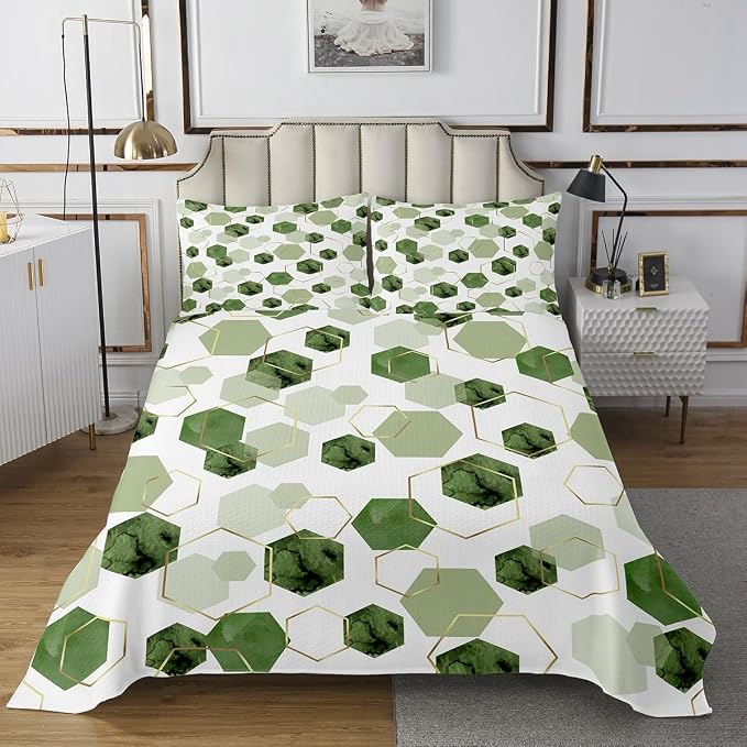Erosebridal Sage Green Modern Quilt Set Twin - Marble Grain Geometric Coverlet Set, Fresh Abstract Geometric Art Decor Quilts for Boys Girls Watercolor Hexagon Bedspreads with 1 Pillowcase