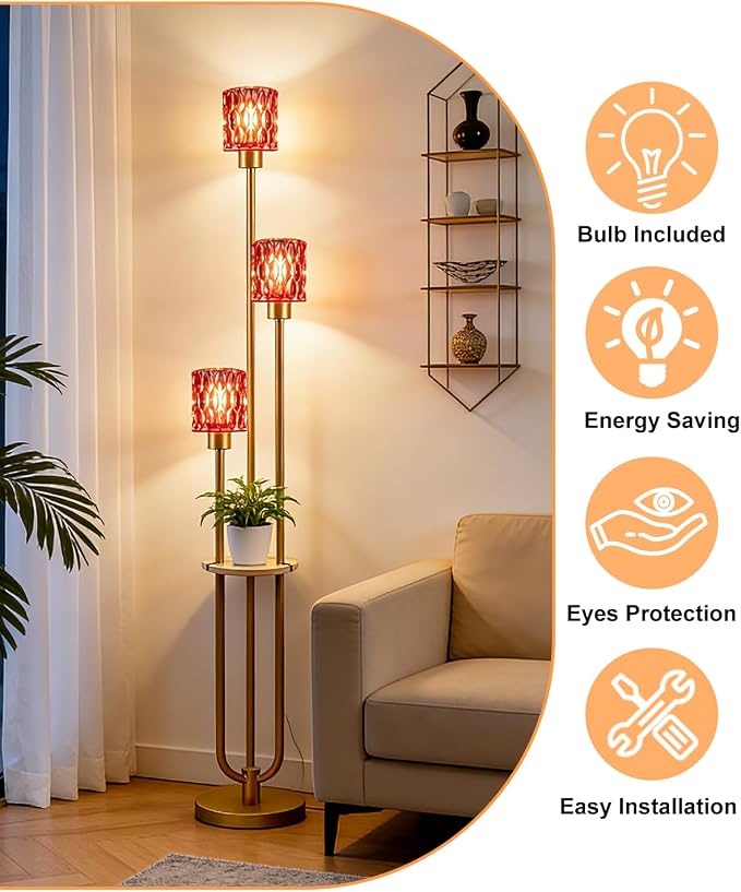 Lightdot 3-Lights Floor Lamp for Living Room Modern Gold Floor Lamp with Rose Red Glass Shade for Wedding/Party Farmhouse Tall Standing Lamp with 5Lbs Heavy Base for Bedroom/Sofa Beside/Corner Decor