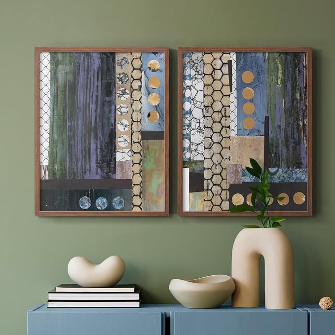 Renditions Gallery Set of 2 Peel & Stick Framed Prints, Geometric Abstract Wall Art, Hexagonal and Circular Pattern Wall Decor, Re-Stickable - Ready to Hang - 8"x10" - Walnut Frame LT588