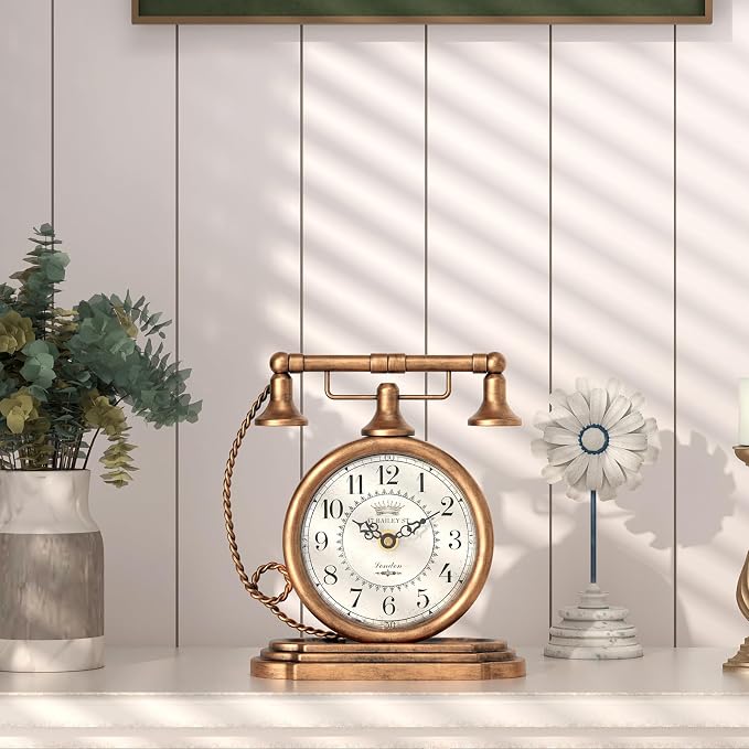 Vintage Table Clock, Desk and Shelf Decor Clock, Gold Antique Telephone Style Mantel Clocks, for Living Room, Farmhouse, Bedroom, Bedside, Gift (7.3" H x 7.3" W)