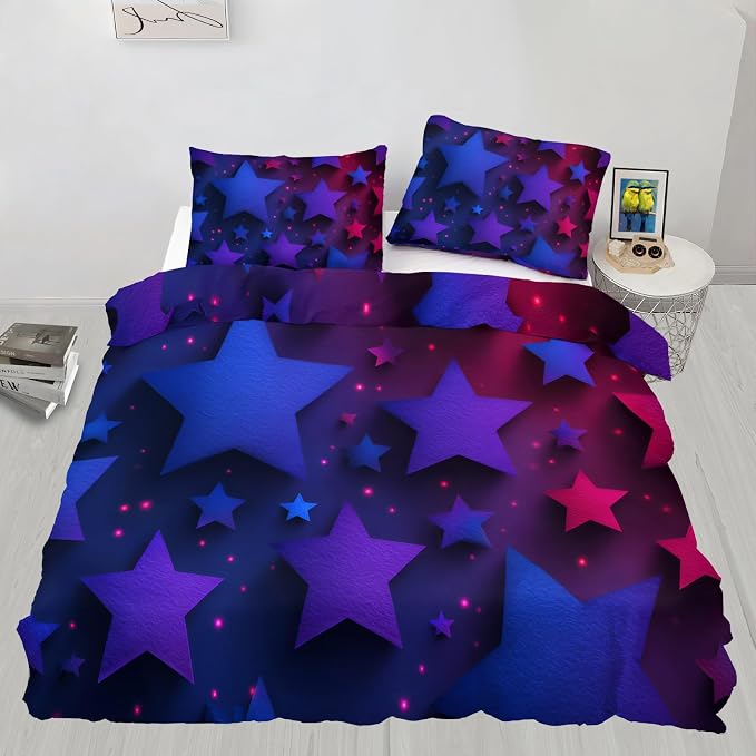 Blue Purple Stars Duvet Cover Oversized King, Colorful Dark Bedding Set 3 Piece, Neon Lights Stars Patterned Comforter Cover with Zipper Soft Microfiber, 2 Pillowcases