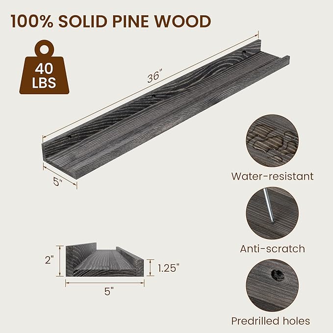Vivelove Picture Ledge Shelf, Solid Pine Wood Rustic Floating Shelves for Wall, 36 Inch Long Floating Shelves with Lip for Bedroom Kitchen Living Room Nursery Display, Set of 2 (Grey)