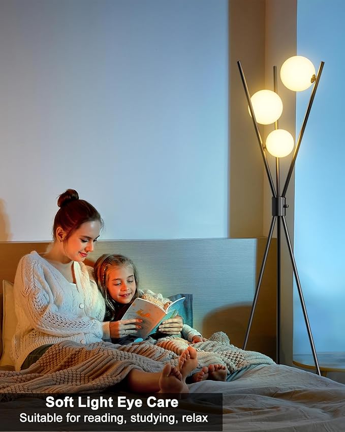 Lightdot 60IN Dimmable Black Tripod Floor Lamp, Mid Century Standing Lamps with 3 Globe Soft Warm White Eye Care 3000K Bulbs Included, Modern Tall Lamp for Living Room/Bedroom/Sofa Beside/Corner Decor