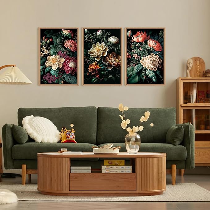FWIEXA Dark Floral Canvas Wall Art Set, Framed Vintage Moody Flower Wall Decor, Large Black Botanical Wall Painting, Academia Art Print 3 Piece 24x36 Inches for Living Room, Bedroom, Office