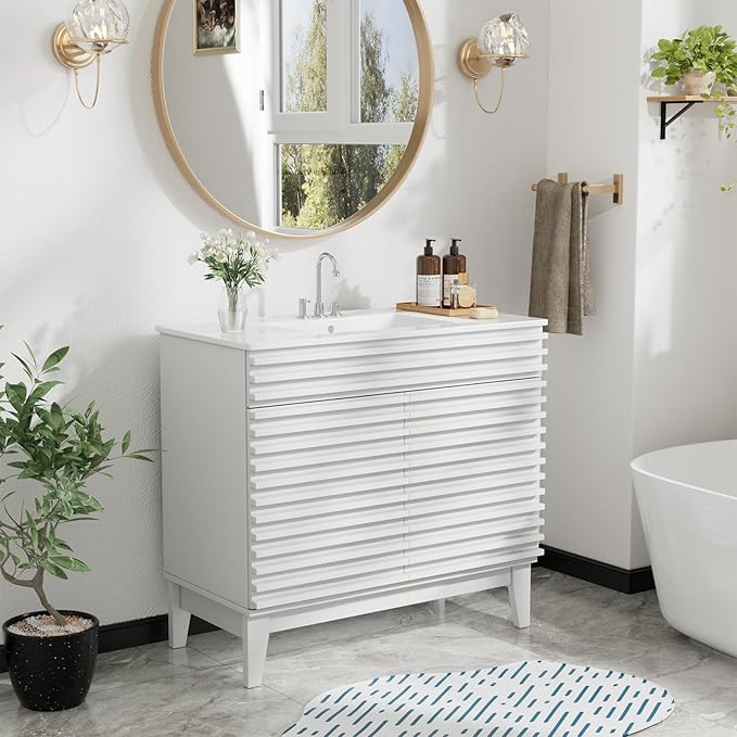 ROOMTEC 36" Bathroom Vanity with Sink, Mid-Century Freestanding Bathroom Vanity Sink with Storage, Undermount Ceramic Sink, Particleboard Frame with Wood Grain Laminate, White
