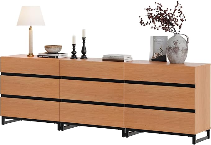 WAMPAT Dresser for Bedroom, Closet Organizers and Storage with 9 Drawers, Chest of Drawers with Metal Base, Wooden Modern Dresser for Living Room, Bedroom, Entryway, Mocha