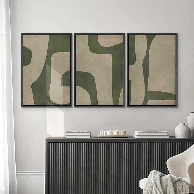 SIGNWIN Framed Canvas Print Wall Art Set Abstract Geometric Green and Beige Tones Illustrations Modern Art Decorative Boho Relax/Zen Nordic for Living Room, Bedroom, Office - 24"x36"x3 Black